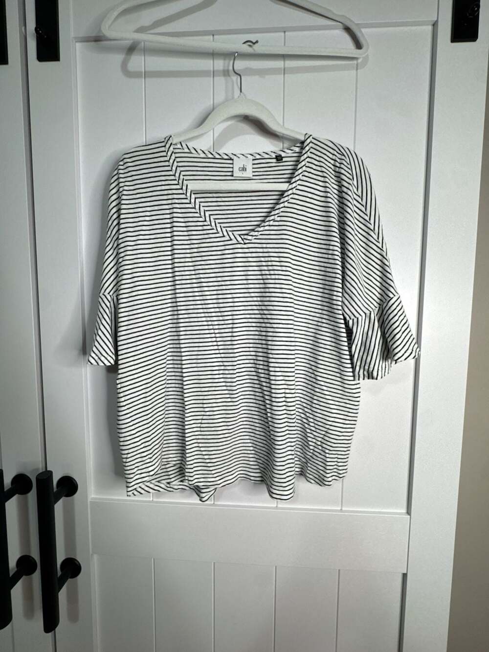CAbi Style 5558 Striped V-Neck Tee with Flounce Sleeves Size L